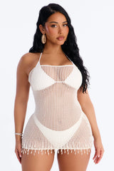 Macha And Sea Breeze Crochet Beaded Fringe Trim Strapless Mini Swim Cover Up Dress - Cream