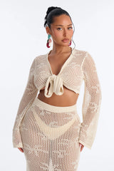 Paige Crochet 2 Piece Floral Swim Cover Up Set - Cream