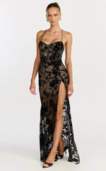 Violeta Maxi Dress - Corset Front Burnout Dress in Black