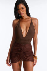 Hampton Heat 1 Piece Plunge Swimsuit & Cover Up Mesh Skirt Set - Chocolate