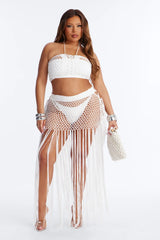 Gemma Lace Up Fringe Trim Swim Cover Up Skirt - White