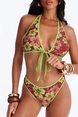 Alana Floral 3 Piece Halter Bikini & Short Sunsuit - Brown/combo