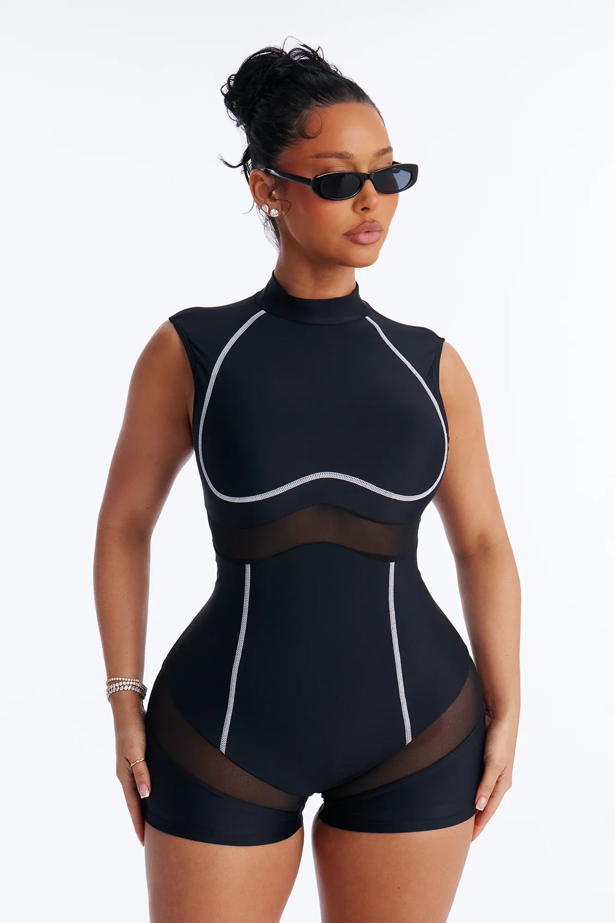 Jestena 1 Piece Turtle Neck Cutout Mesh Romper Swimsuit - Black