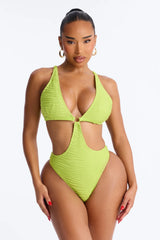 Some Beach Somewhere Textured O-Ring Back Tie 1 Piece Swimsuit - Neon Green