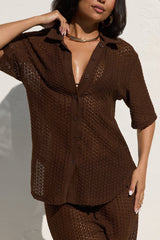 Abby Button Up Swim Cover Up Top - Chocolate