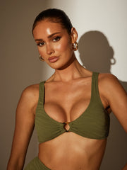 Binos Ring Detail Bikini Top in Khaki Zebra