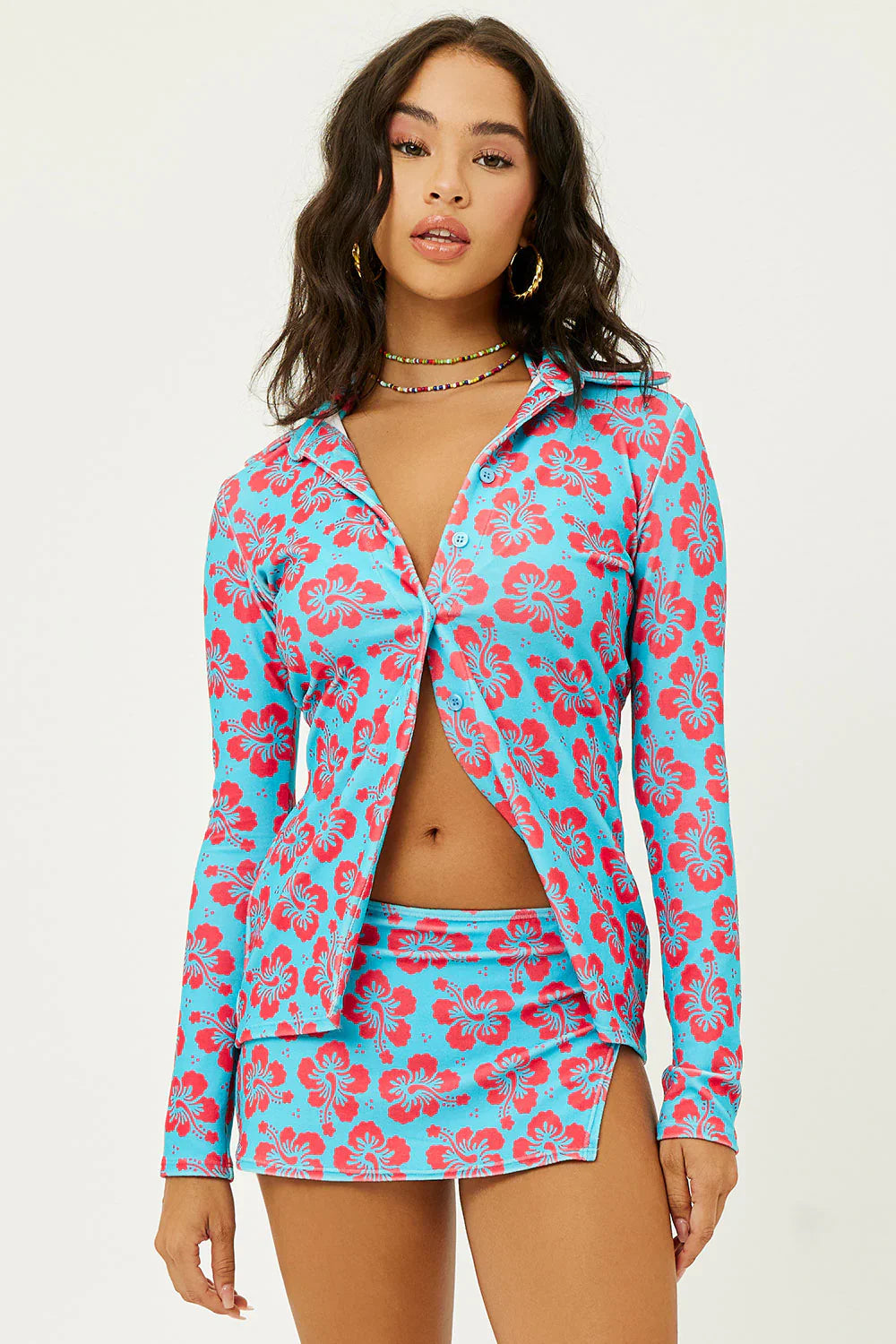 Nova Terry Floral Long Sleeve Button Up - Blue Magic