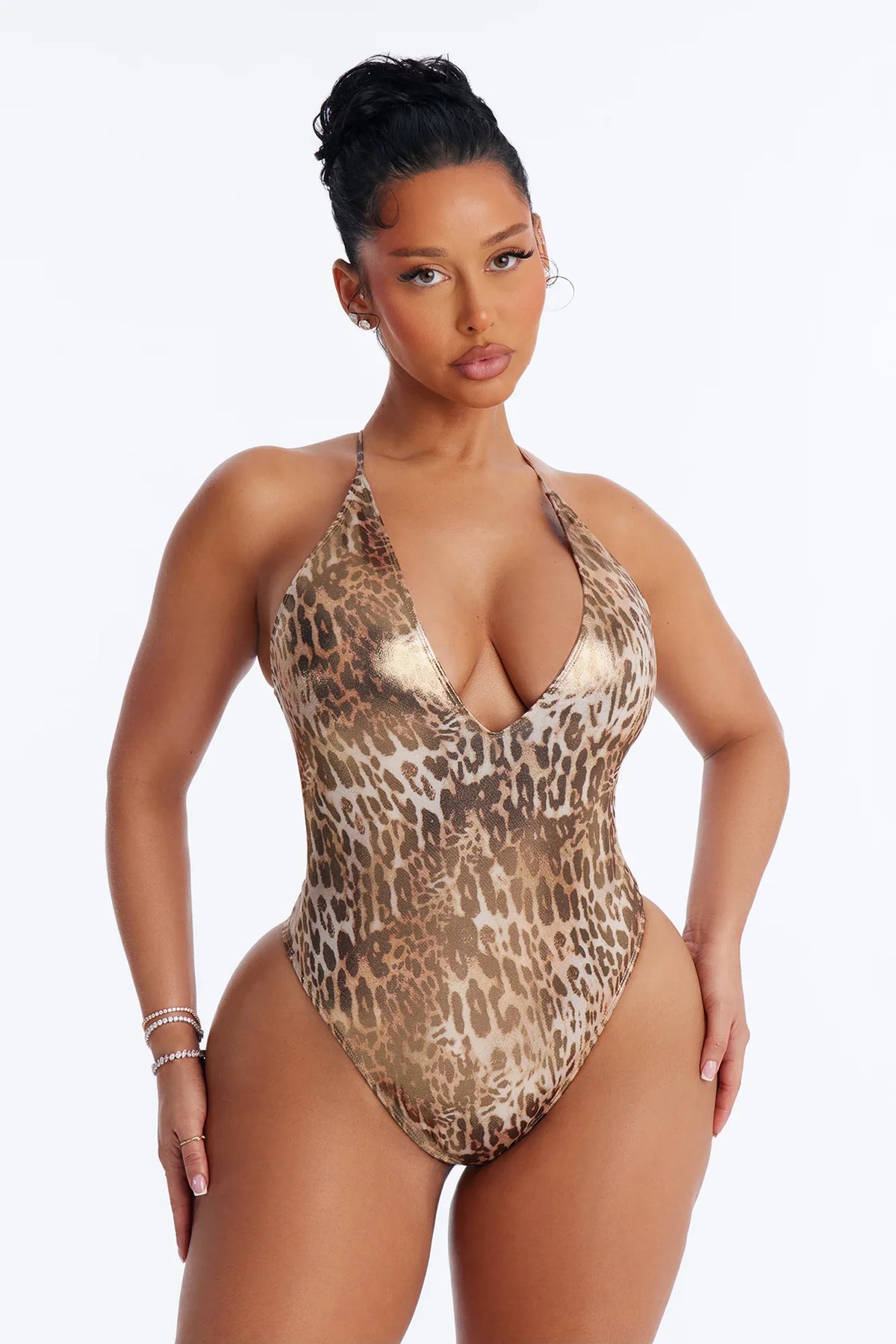 Chasing Sunsets Leopard Metallic Back Tie 1 Piece Swimsuit - Brown/combo