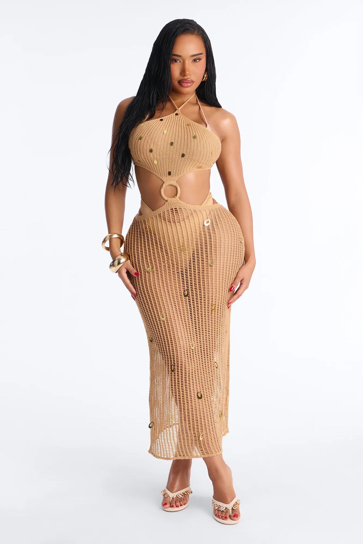 Heat Island Crochet Swim Cover Up Dress - Tan