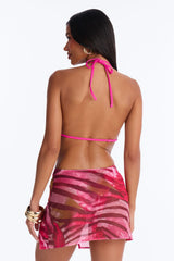 Going Coconuts Abstract Animal Sheer Sleeveless Slit 4 Piece Bikini Top Skirt Set - Pink/combo