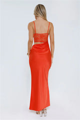 Slow Summer Nights Lace Satin Maxi Dress Tangerine