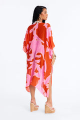 Seas The Day Abstract Swim Cover Up Kimono - Pink/combo
