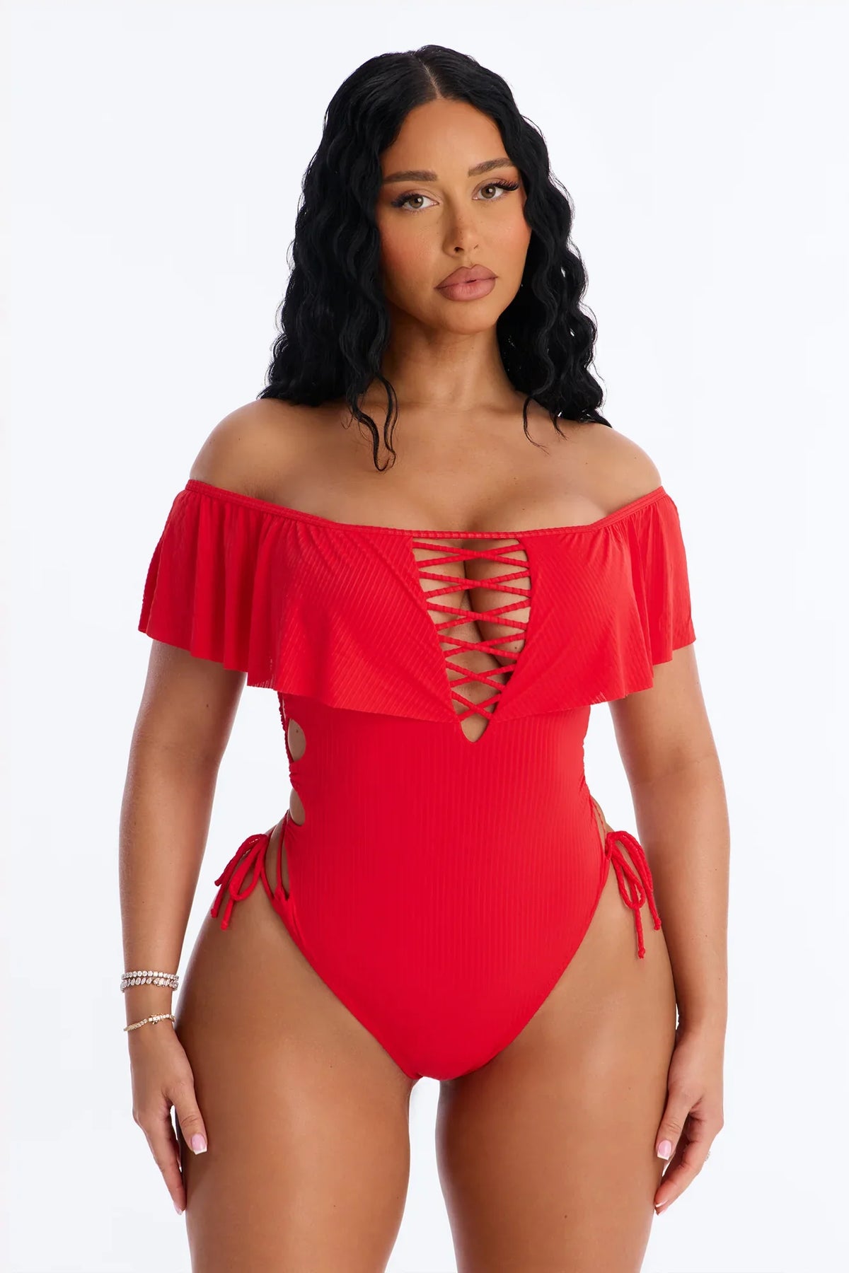 Take One Shoulder Ruffle Sleeve Lace Down Ribbed 1 Piece Swimsuit - Red
