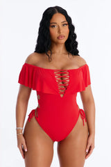 Take One Shoulder Ruffle Sleeve Lace Down Ribbed 1 Piece Swimsuit - Red