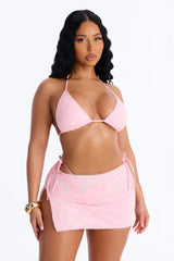 Always With Me Embroidery Floral Lace 3 Piece Bikini Skirt Set - Pink