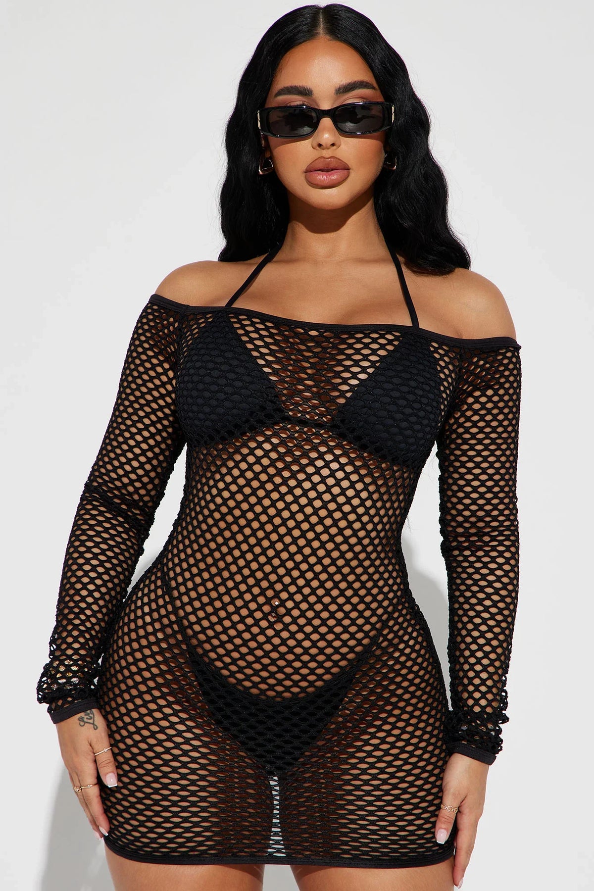 Beach Please Fishnet Dress Cover Up - Black