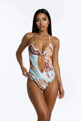 Tropical Heat 1 Piece Marble Cut Out Swimsuit & Micro Mini Sarong Set - Multi Color