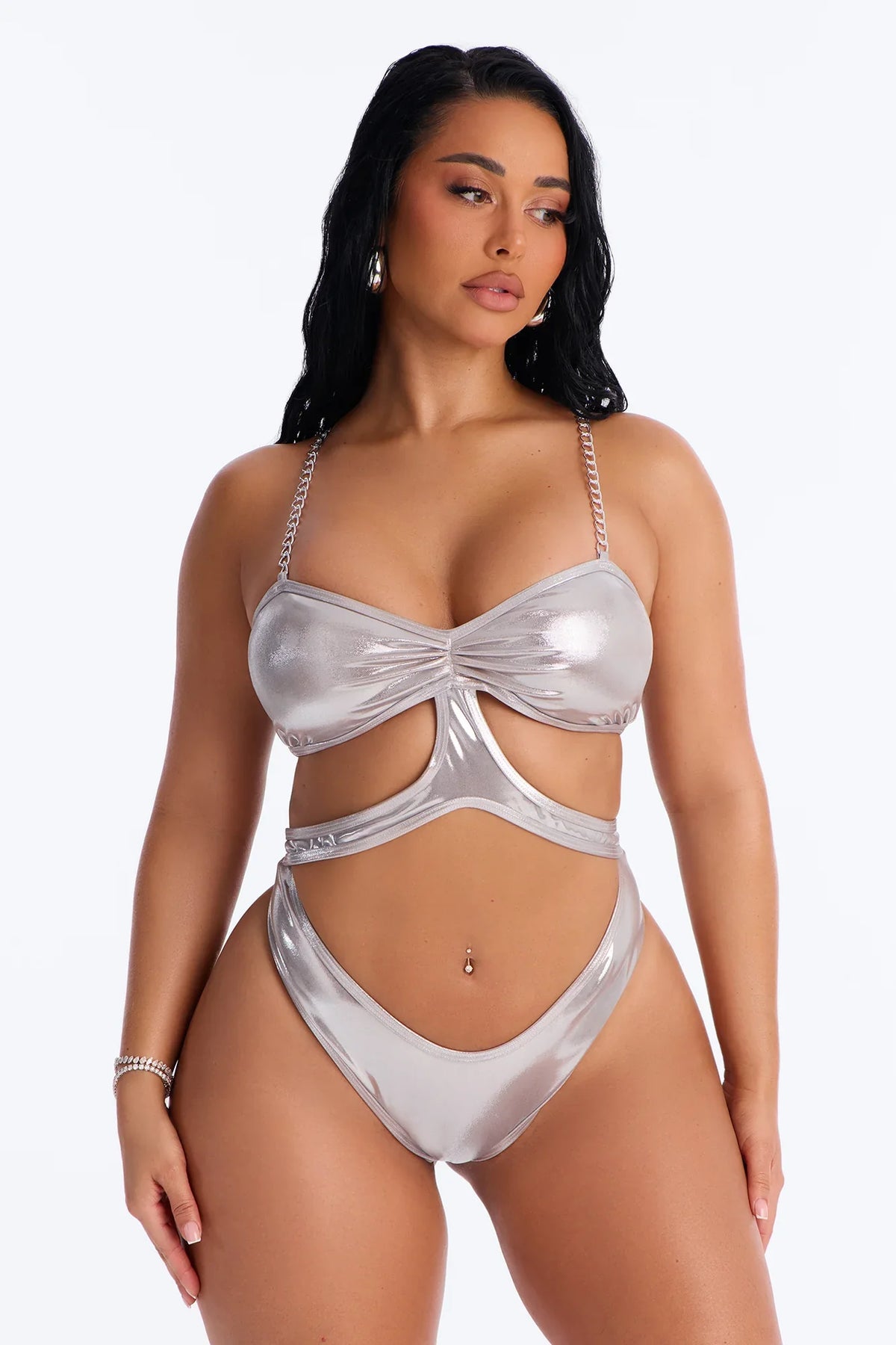 Ocean Breeze Metallic Cut Out 1 Piece Swimsuit - Silver