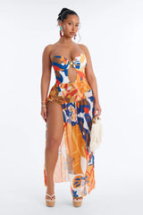 Nola Abstract 1 Piece Strapless Swimsuit & Mesh Cover Up Maxi Skirt - Multi Color