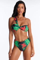 Where The Summer Never Ends Tropical Floral One Shoulder High Waist Maxi 3 Piece Bikini Kimono Set - Green/combo
