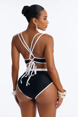 Classic Chic Summer Pearl Flower Bralette Bikini Set - Black/White