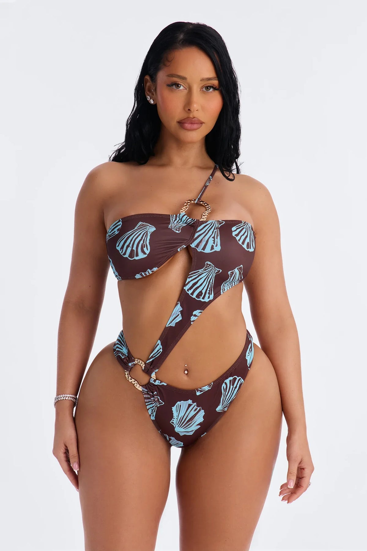 Reality Can Wait 1 Piece Tropical Asymmetrical Cut Out Swimsuit - Brown/combo