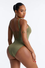 Shades On Sandy Toes Cut Out Scoop Neck 1 Piece Swimsuit - Olive