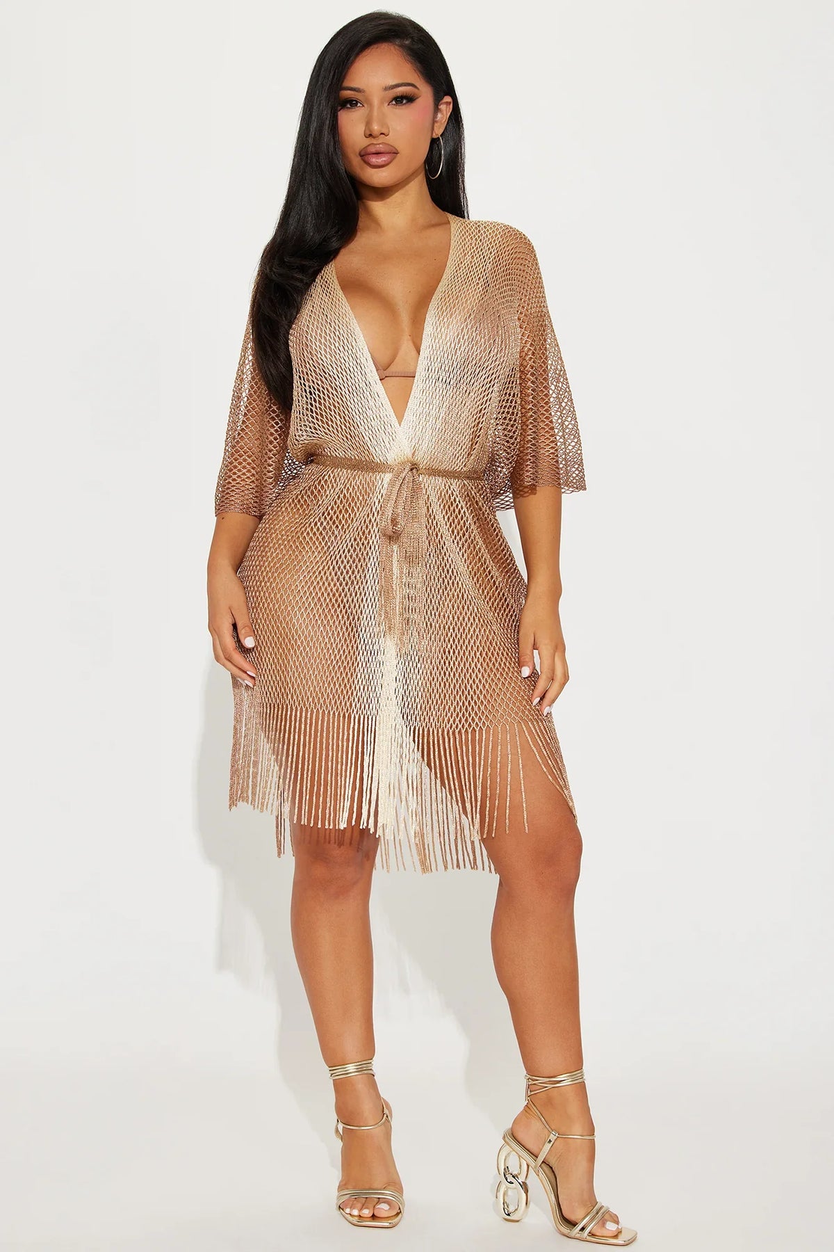 Touch Of Sun Fringe Cover Up Kimono - Gold