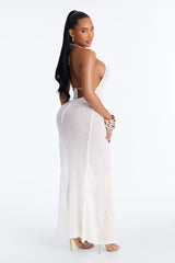 Raven Crochet Cut Out Maxi High Slit O-Ring Swim Cover Up Dress - White