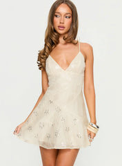 Odelinda Patchwork V Neck Mini Dress Cream Sequin
