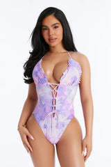 Caught In The Tropics Lace Up 1 Piece Swimsuit - Purple/combo