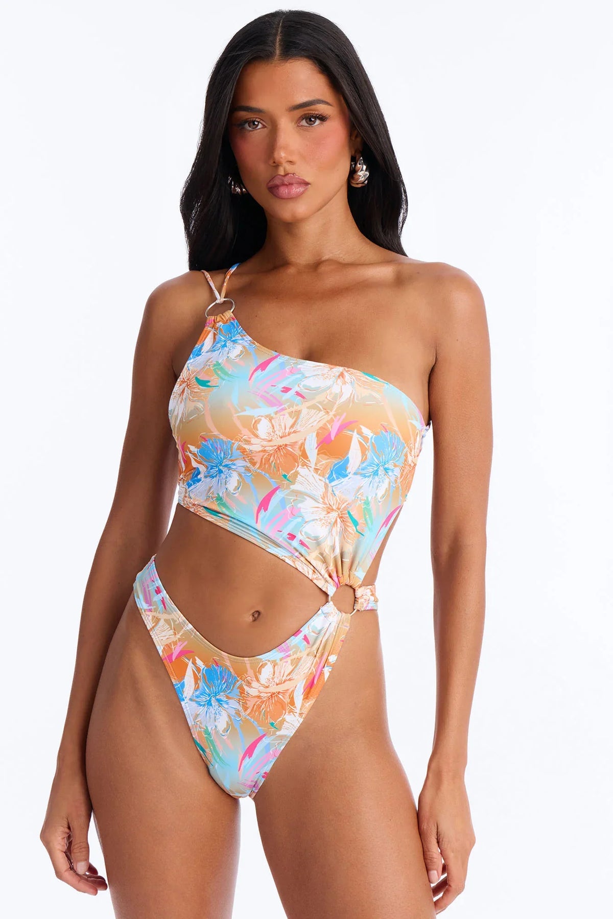 Ocean Soul Asymmetrical Strappy Back Ties O-Rings 1 Piece Swimsuit - Multi Color