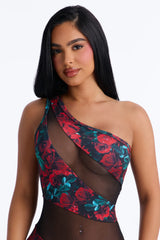 By The Coast Roses Mesh Cut Out One Shoulder 1 Piece Swimsuit - Red/combo