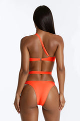 Sunset Fever 1 Piece Strappy One Shoulder Swimsuit & Cover Up Sarong Sunsuit - Neon Orange