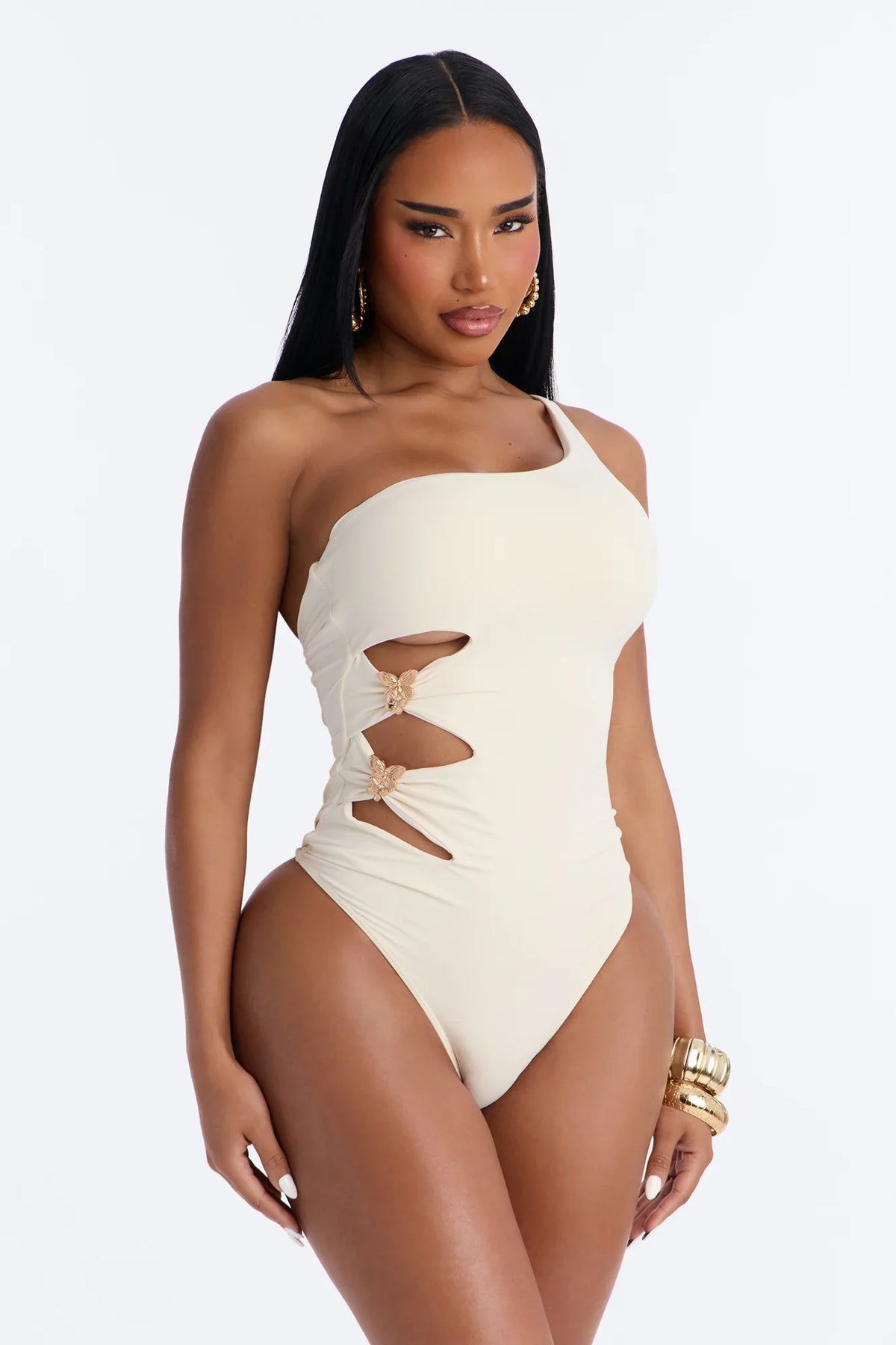 Sunset 1 Piece Butterfly Hardware One Shoulder Swimsuit - Ivory