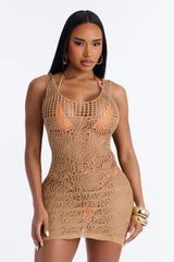 Sand & Sun Crochet Swim Cover Up Dress - Tan