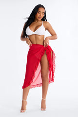 Beach Vibes Maxi Ruffle Trim Waist Tie Swim Cover Up Sarong - Red