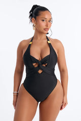 Sand Castle Twisted Cut Out Hardware 1 Piece Swimsuit - Black