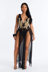 Leslie Applique High Slit Cover Up Dress - Black