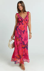 Alessa Midi Dress - V Neck Frill Detail Empire Waist Back Cut Out Dress in Adeana Print