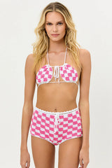 Eliza Crochet Halter Bikini Top - Pink Checker
