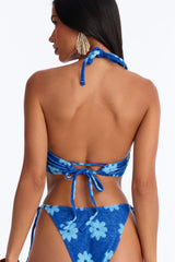 Janie Flower Terry 3 Piece Bikini & Skirt Set - Blue/combo