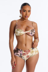 Warm Vacay Sheer Flare Sleeve Front Tie Boyshort 3 Piece Bikini Set - Brown/combo