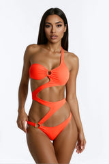Sunset Fever 1 Piece Strappy One Shoulder Swimsuit & Cover Up Sarong Sunsuit - Neon Orange