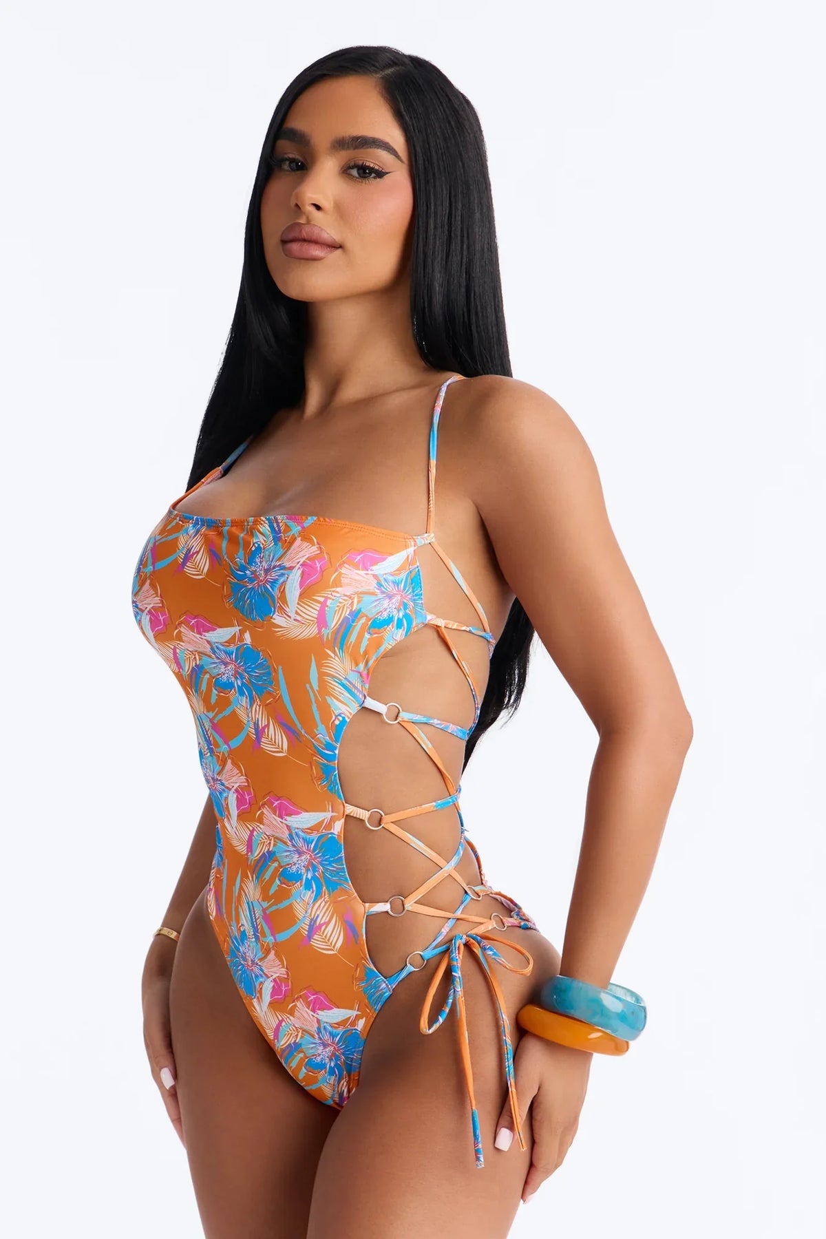 Wave Catcher Asymmetrical One Shoulder Side Lace Down Ties 1 Piece Swimsuit - Orange/combo