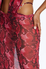 Humid Morning Snake Sheer Halter Deep V-Neck Swim Cover Up Midi Dress - Red/Black