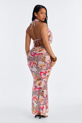 Gigi 3 Piece Floral Triangle Bikini & Mesh Cover Up Cowl Neck Maxi Dress Sunsuit - Multi Color