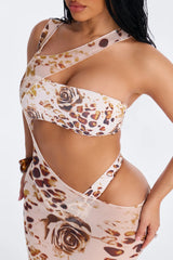 Living 3 Piece Floral Animal Print Bandeau Bikini & Mesh Cover Up Dress - Nude/combo