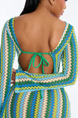 Izzy Pinstripe Flare Sleeves Maxi Swim Cover Up Dress - Green/combo