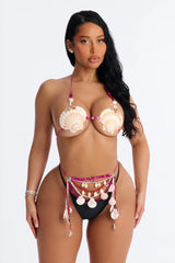 Take Me To The Shore Embellished Seashells Charm 3 Piece Bikini Sunsuit Set - Gold/combo